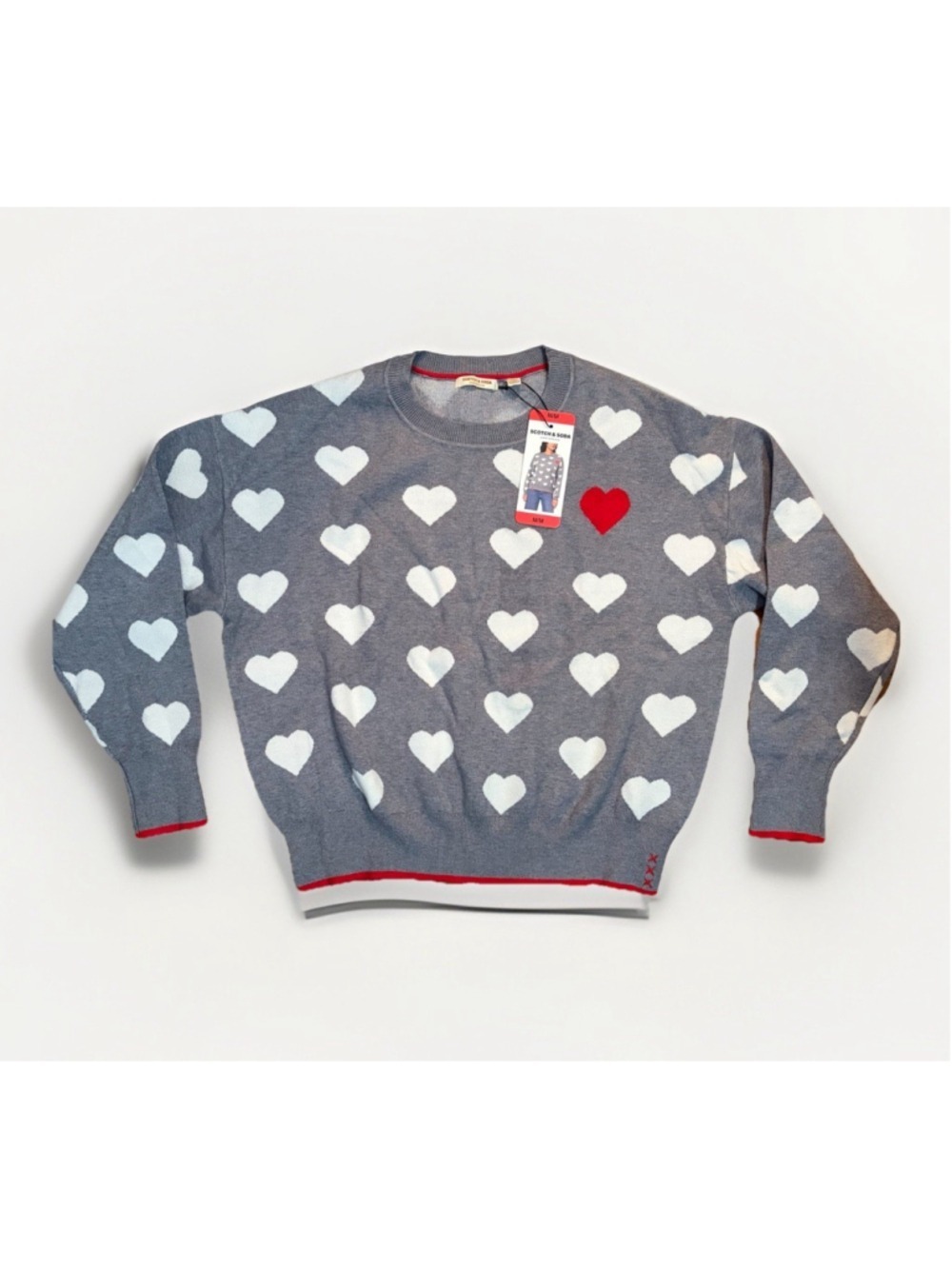 Scotch & Soda Grey/Red Heart Sweater - Size Medium ✨ BNWT